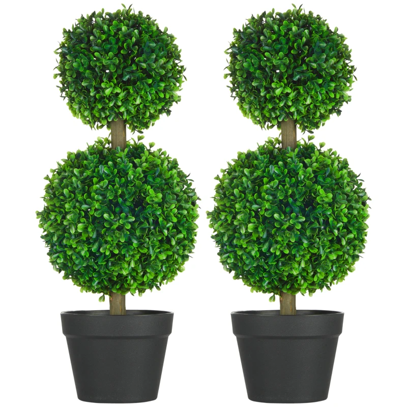 HOMCOM Lot de 2 arbres buis artificiel double boules avec tronc et pot inclus - hauteur 60 cm vert