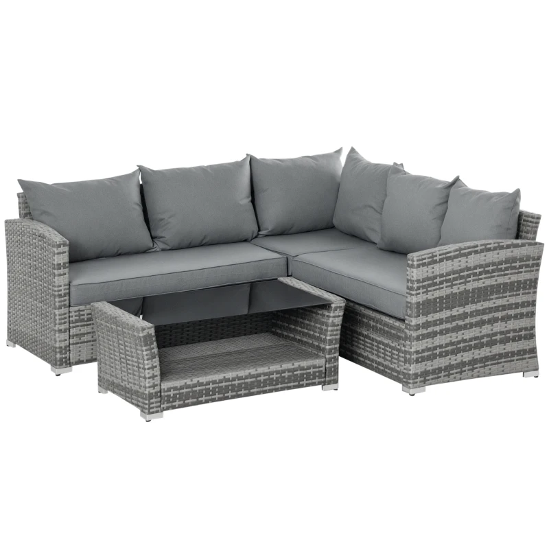 Outsunny Set Mobili da Giardino in Rattan PE da 4 Pezzi, Salotto con Divano Angolare e Tavolino con Vetro, Cuscini Imbottiti e Sfoderabili, Grigio