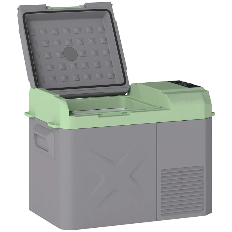 Outsunny Réfrigérateur de Camping 24,2 Litres, Réfrigérateur de Voiture, Glacière avec Lumière LED, Adaptateurs AC et DC, Fonctionnement Silencieux, Gris+Vert