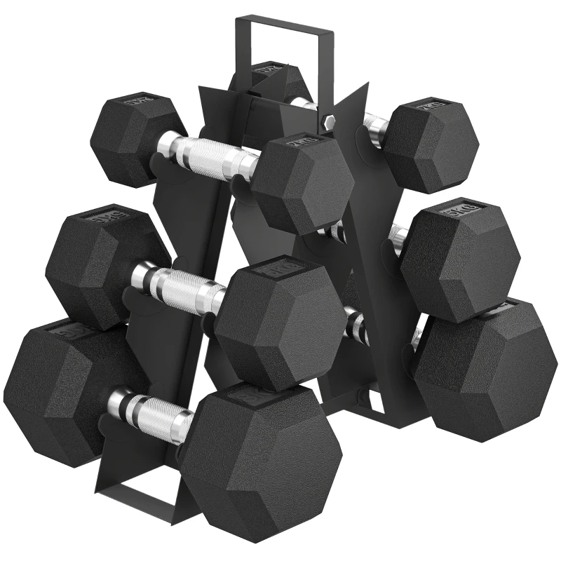SPORTNOW Conjunto de Halteres 6 Peças 2 x 2 kg 2 x 5 kg 2 x 8 kg com Revestimento em Borracha Antideslizante e Suporte Preto