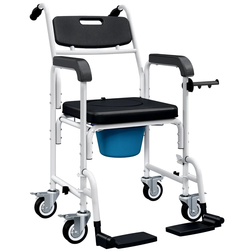 HOMCOM Fauteuil Roulant avec WC Imperméable 4 en 1 avec Repose-Pieds Rabattables, en Aluminium et Plastique, Noir