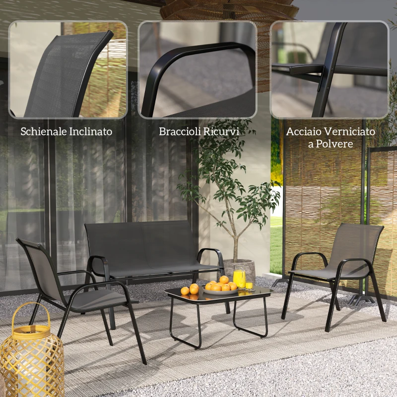 Ensemble de Jardin Outsunny avec Canapé 2 Places, 2 Fauteuils Empilables et Table Basse en Verre, Noir