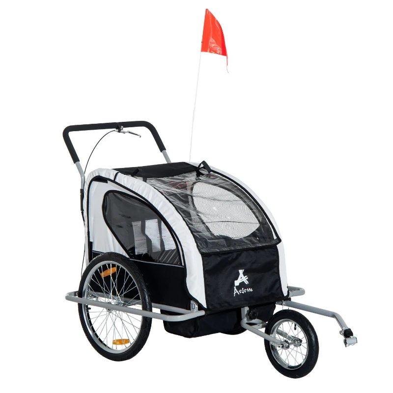 HOMCOM Collapsible Bike Trailer 2-Seater Child Stroller Baby Jogger with Pivot Wheel-White