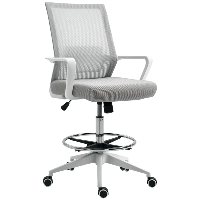 Vinsetto Fauteuil de bureau chaise de bureau assise haute réglable dim. 64L x 59l x 104-124H cm tabouret de bureau pivotant 360° maille respirante gris et blanc