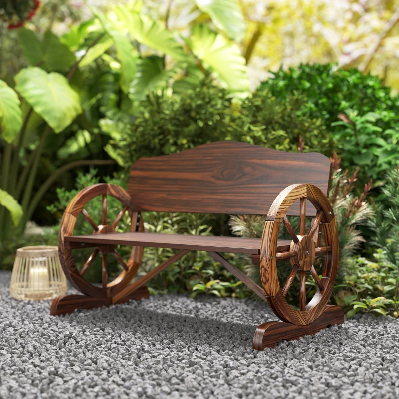 Outsunny Banc de jardin 2 places avec accoudoirs en forme de roue, Banc d'extérieur rustique pour terrasse, Véranda, Bois de sapin, Marron