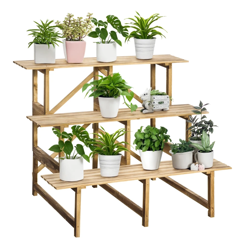 Outsunny Étagère à plantes pliable à 3 niveaux de 78 cm de hauteur, support de fleurs pour intérieur et extérieur en bois, étagère à pots de fleurs avec plateaux, étagère à plantes pour salon, jardin, balcon en bois naturel