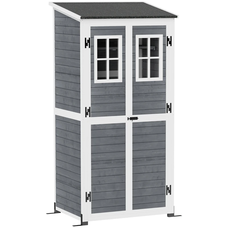 Outsunny Abri de Rangement de Jardin, Cabane à Outils avec 2 Fenêtres, Piquets de Sol, Toit en Asphalte, 91 x 69 x 192 cm, Bois de Sapin, Gris clair