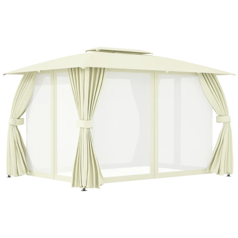 Outsunny Pérgola de Jardim 4x3 Pérgola de Exterior com Teto Duplo 4 Cortinas Laterais 4 Telas Mosquiteiras com Zíper e Estrutura de Aço para Festas Eventos Bege