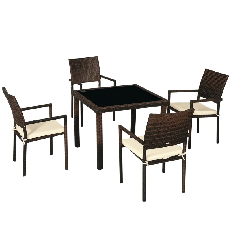 Outsunny Conjunto de Muebles de Ratán Sintético de Jardín Mesa con Encimera de Cristal y 4 Sillas para Exterior Marrón