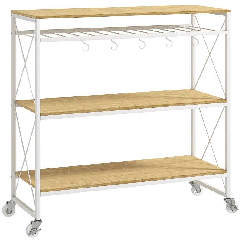 HOMCOM Chariot Portavivande à 4 Niveaux avec Porte-bouteilles et 5 Crochets Amovibles, en Bois et Métal, 96.5x38x96.7 cm