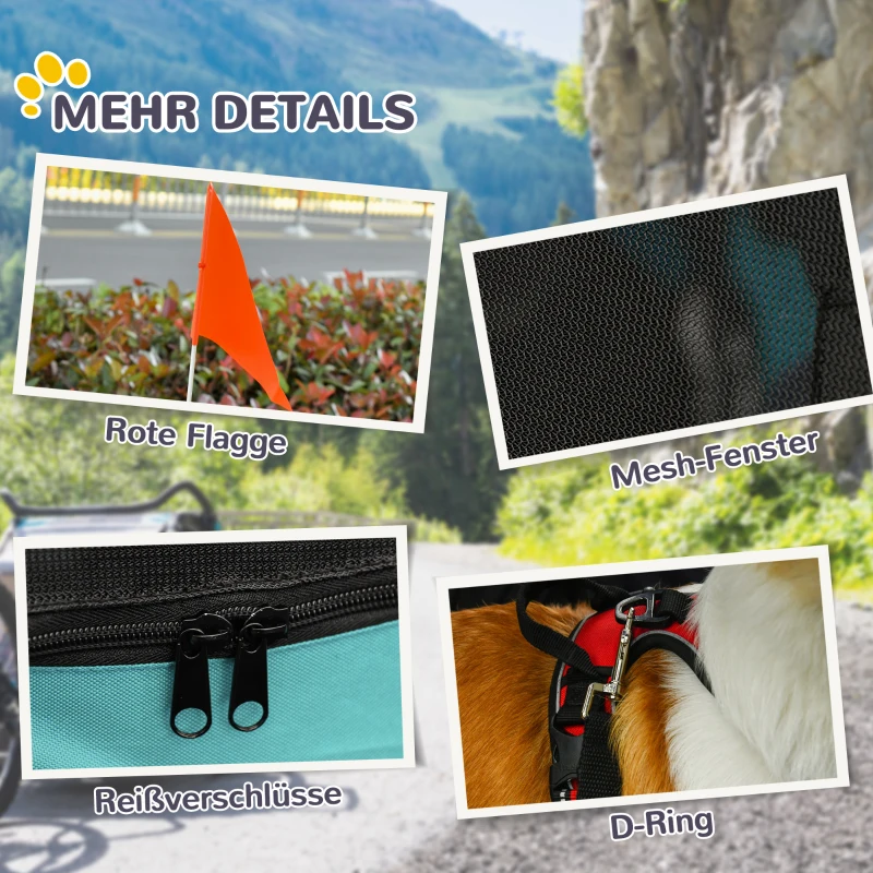 PawHut Remorque pour Animaux, Remorque pour Chien, Remorque à Vélo, Pliable, Housse de Pluie, Acier, Gris+Vert, 130 x 73 x 90 cm