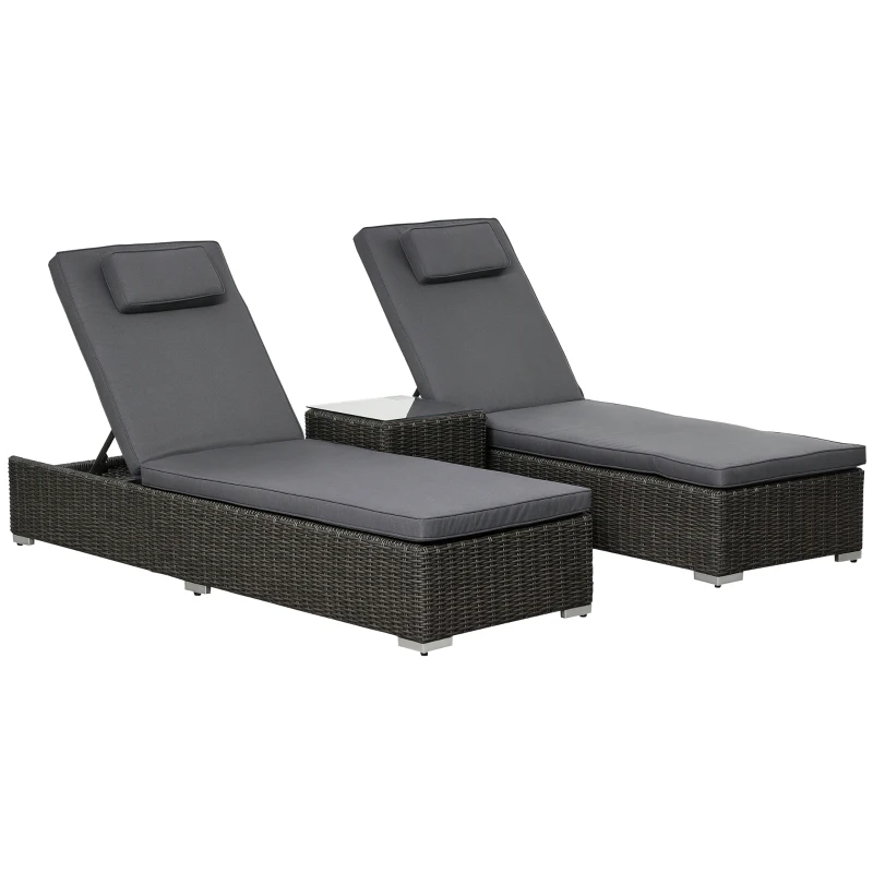 Outsunny Poly-Rattan Sonnenliege 3-tlg. Gartenliege mit 6-Fach Verstellbarer Rückenlehne Beistelltisch Nackenkissen Gartenmöbel Aluminium Grau 60 x 195 x 91 cm