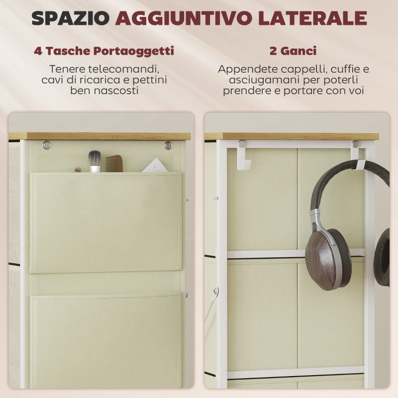 HOMCOM Cassettiera 4 Cassetti Pieghevoli con 4 Tasche e 2 Ganci, in Legno, Acciaio e Tessuto, 45x30x94.5 cm