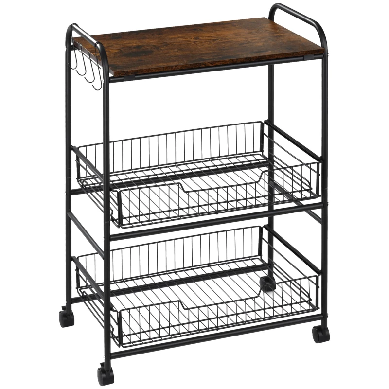HOMCOM Carrito Auxiliar con Ruedas de 3 Niveles Carrito de Cocina con 2 Cestas y 4 Ganchos 60x38x85,5 cm Marrón Rústico
