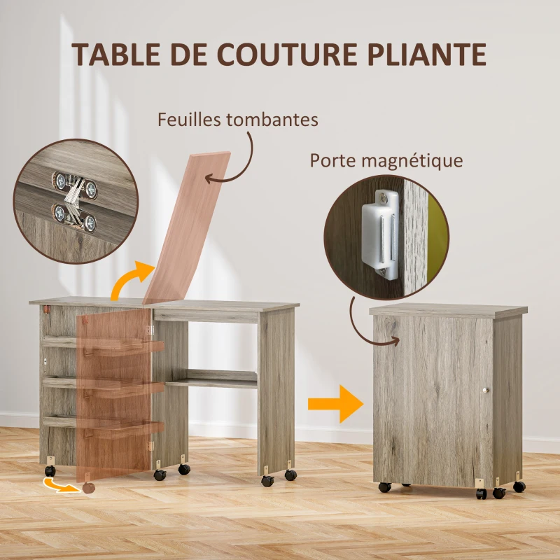 HOMCOM Table de couture pliante meuble couture à abattant avec bacs de rangement, étagère ouverte et roulettes effet bois grisé