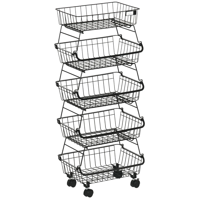 HOMCOM Panier de fruits et légumes avec roues corbeille à fruits à 5 niveaux empilables acier, 40 x 28 x 97 cm noir