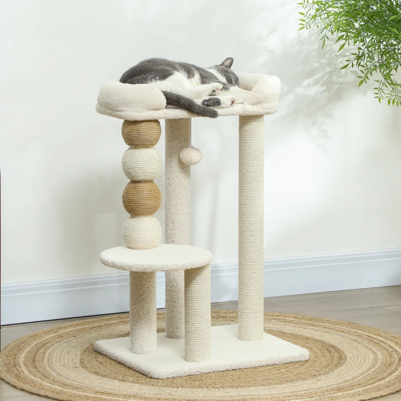 PawHut Arbre à Chat avec Panier, Plateforme et Balle Jouet, en Bois, Peluche et Jute, 48,5x40x76 cm, Beige(m-2)