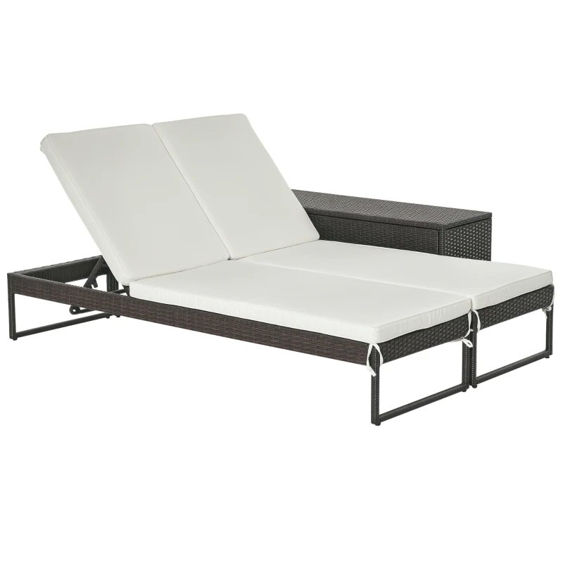 Outsunny 3pz Componibile 2 Lettino Prendisole da Giardino (60 x 195 x 86cm) e 1 Tavolino (121 x 40 x 50cm) Rattan con Materassini, Marrone e Bianco Crema