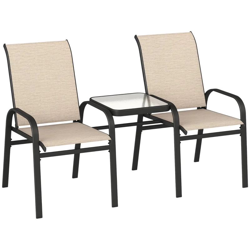 Outsunny Banc de Jardin 2 Places avec Accoudoirs, Dossier Haut et Table Basse Centrale en Verre, Marron et Noir