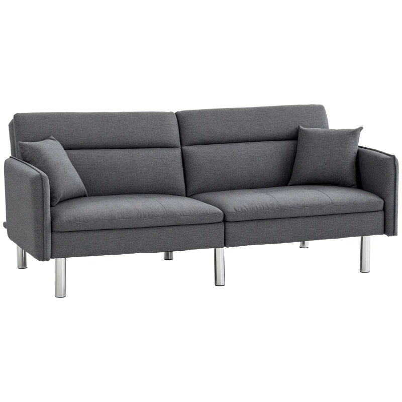 HOMCOM Canapea Pat cu 3 Locuri, Canapea din Material cu Spătar Reglabil pe 3 Poziții și 2 Perne, 189x91x84 cm, Gri