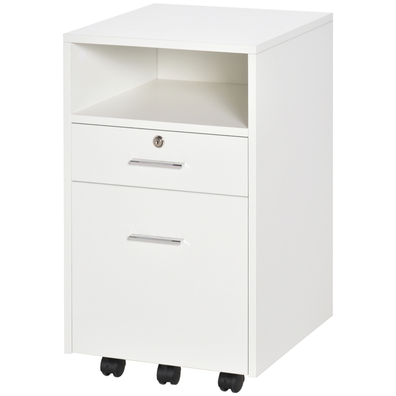 Vinsetto Caisson de Bureau Porte-Documents avec 2 Tiroirs et Étagère Ouverte, Meuble de Bureau en Bois avec 5 Roulettes, Serrure et 2 Clés, 39x40x65 cm, Blanc