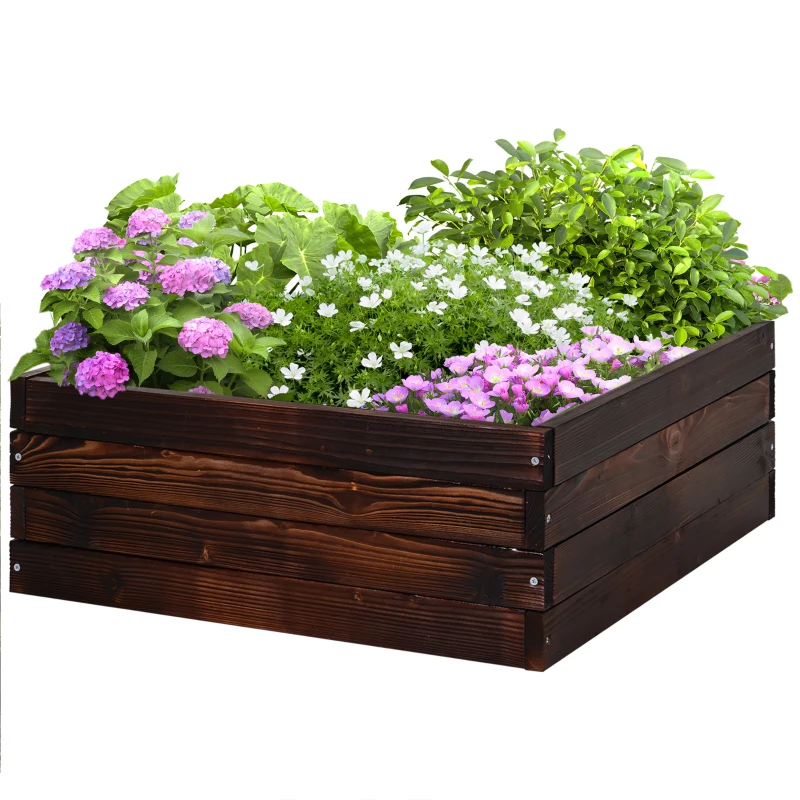 Outsunny Jardin surélevé, Bac à plantes, Potager, Carré potager, Bois massif, Marron foncé, 60 x 60 x 23 cm