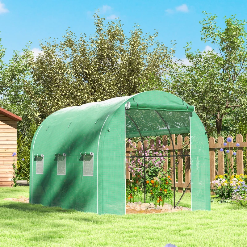 Outsunny Estufa Tipo Túnel 296x196x200 cm Estufa de Jardim com 3 Portas e 6 Janelas Enroláveis Teto Curvo para Cultivo Verde