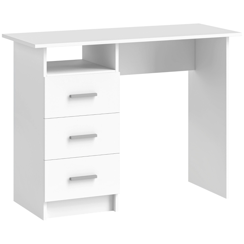 HOMCOM Bureau Moderne en Bois avec 3 Tiroirs et Etagère Ouverte, 100x40x75 cm, Blanc et Marron