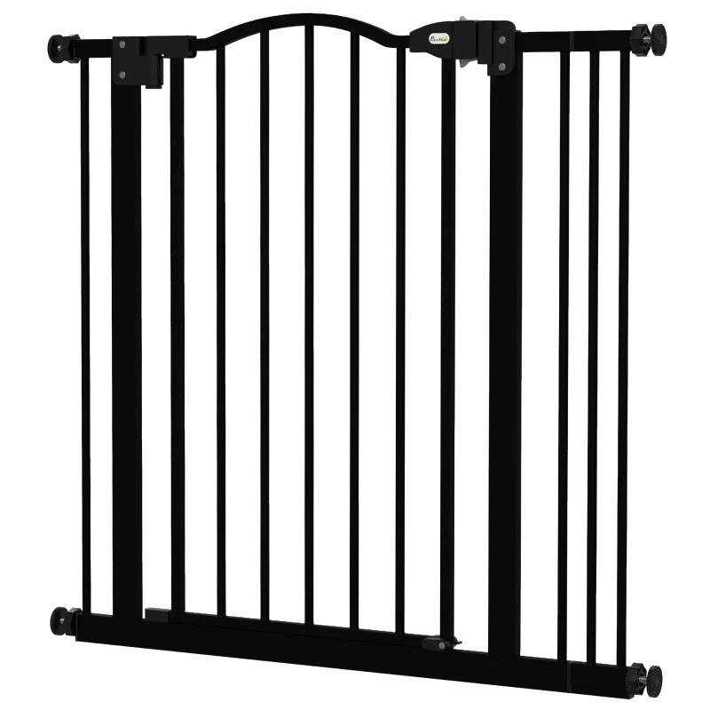 PawHut Portillon pour Chiens Extensible avec 2 Verrous et Fermeture Automatique, en Métal et Plastique, 74-87x78 cm, Noir