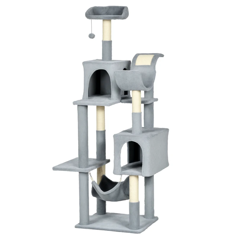 PawHut Arbre à Chat avec Hamac, Coussin et 2 Maisons, en Particules et Peluche, 55x49x177 cm, Gris et Blanc