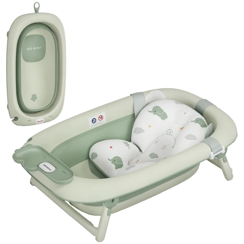 AIYAPLAY Cadă de Baie Pliabilă pentru Nou-Născuți 0-3 ani cu Pernă Rafturi și Fund Antiderapant, 86x53x25,5 cm, Verde