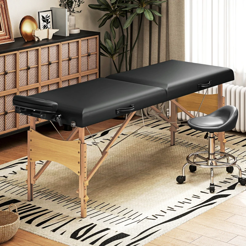 HOMCOM Table de Massage Réglable en Hauteur, Structure en Bois, Lit de Massage Pliable, Rembourrage en Mousse, Noir