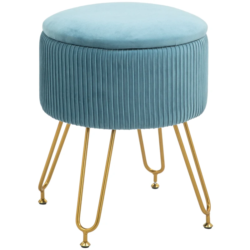 HOMCOM Puff Almacenaje Tapizado en Terciopelo Banco de Almacenaje con Patas de Acero Ø40x48 cm Azul Claro