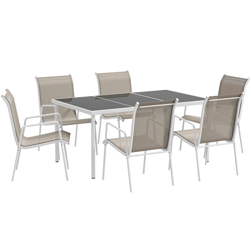 Outsunny Conjunto de Refeição 7 Peças com Mesa de Vidro Temperado e 6 Cadeiras Empilháveis com Apoio para os Braços Cinza