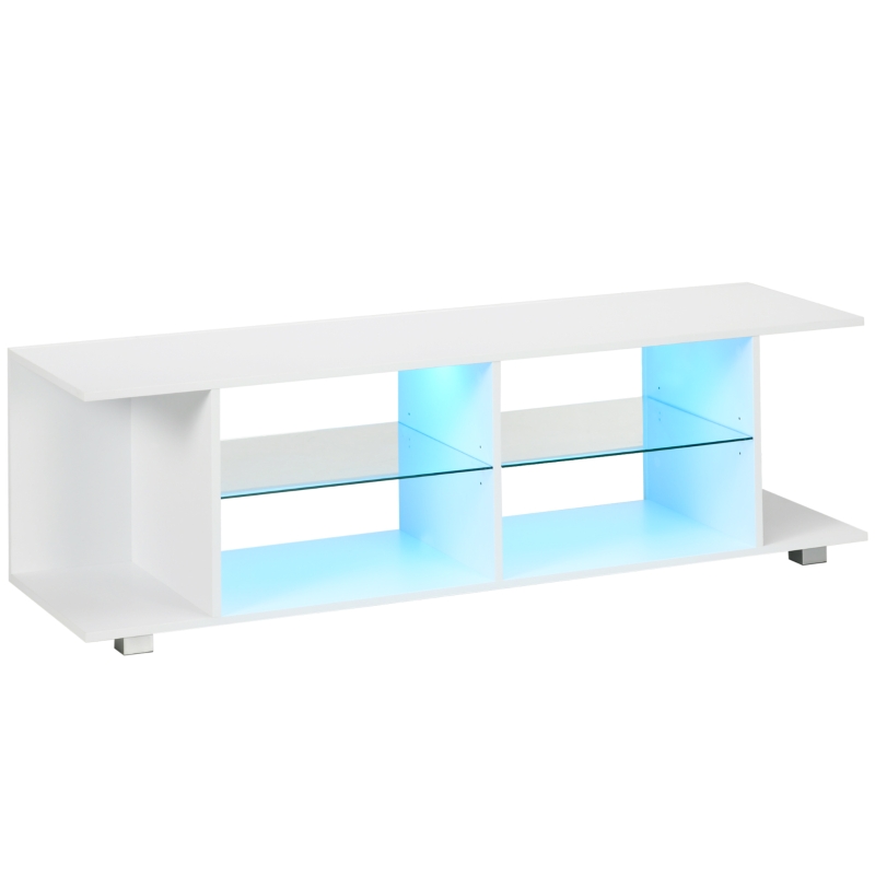 HOMCOM Meuble TV avec lumières LED 2 étagères en verre trempé pour télévision jusqu'à 60 pouces 145 x 40 x 45 cm blanc