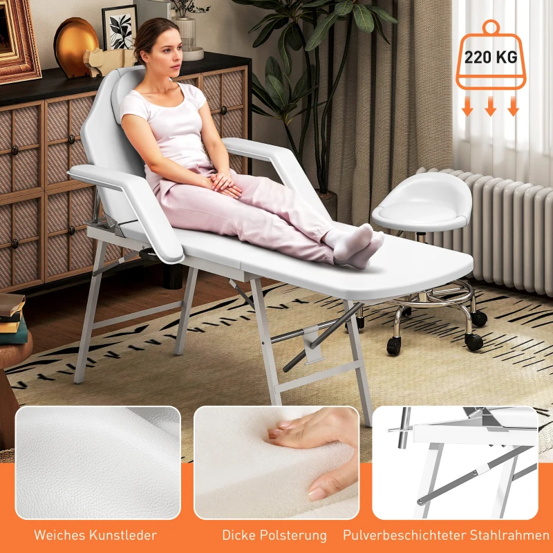 HOMCOM Draagbare massagetafel, opvouwbare massageliege met kunstleder bekleding, schuimrubberen padding, staalframe, wit(m-6)