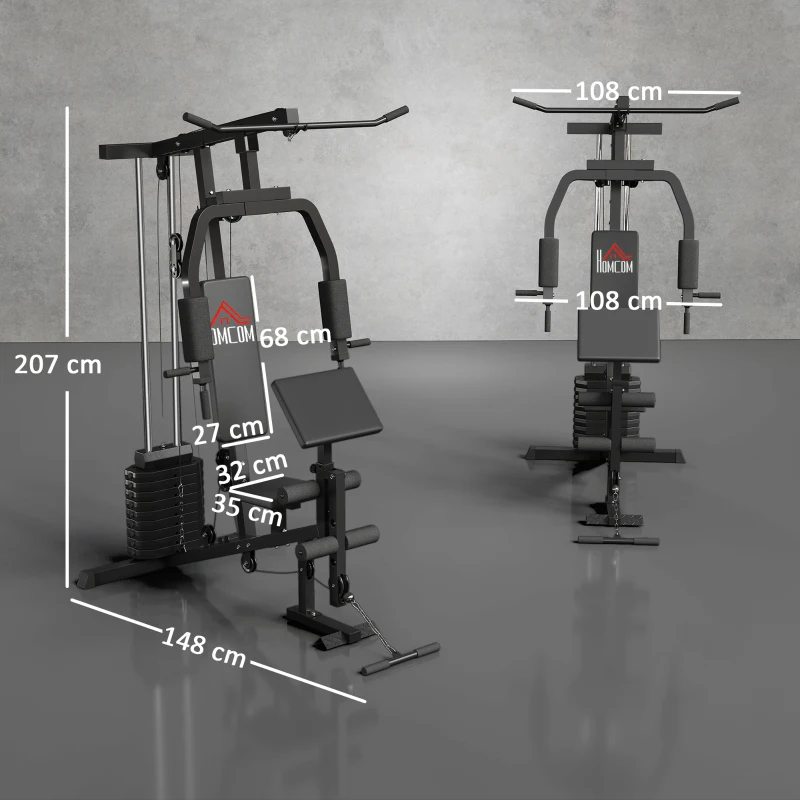 HOMCOM Station de musculation multi-exercices station de fitness en acier avec contrepoids de 45 kg idéal pour maison bureau et gymnase 148 x 108 x 207 cm noir
