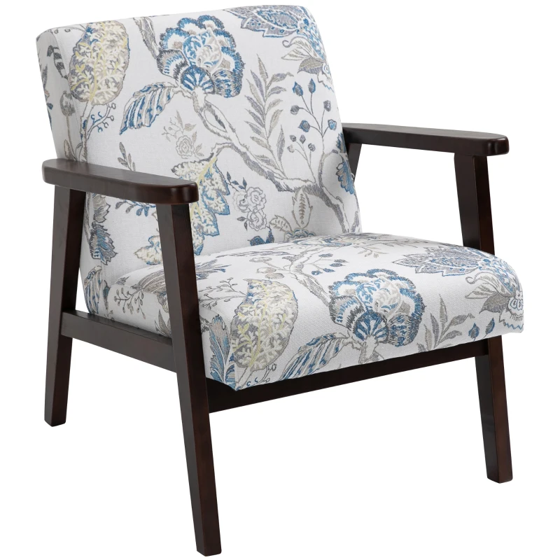 HOMCOM Chaise de Salon Fauteuil Rembourré avec Accoudoirs en Bois et Tissu Respirant pour Maison et Bureau, à Fleurs, 68.5x78.5x75cm