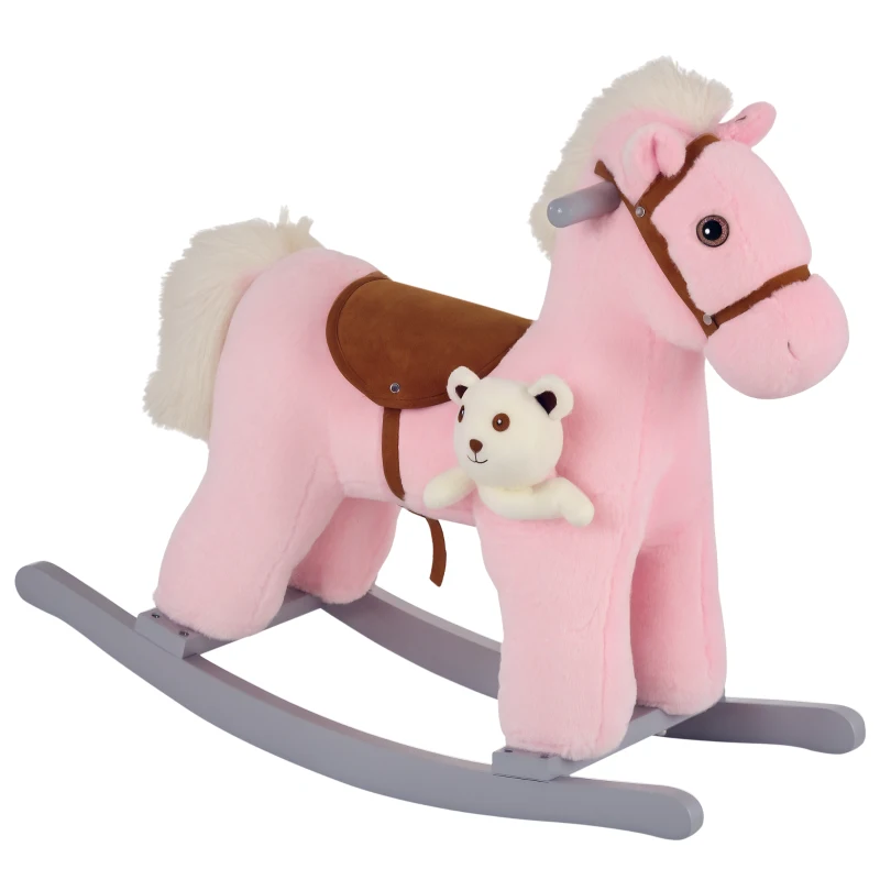 HOMCOM Cheval à Bascule pour Enfants en Bois et Peluche avec Sons et Ours Inclus, pour Enfants de 18-36 Mois, 65x26x55 cm, Rose