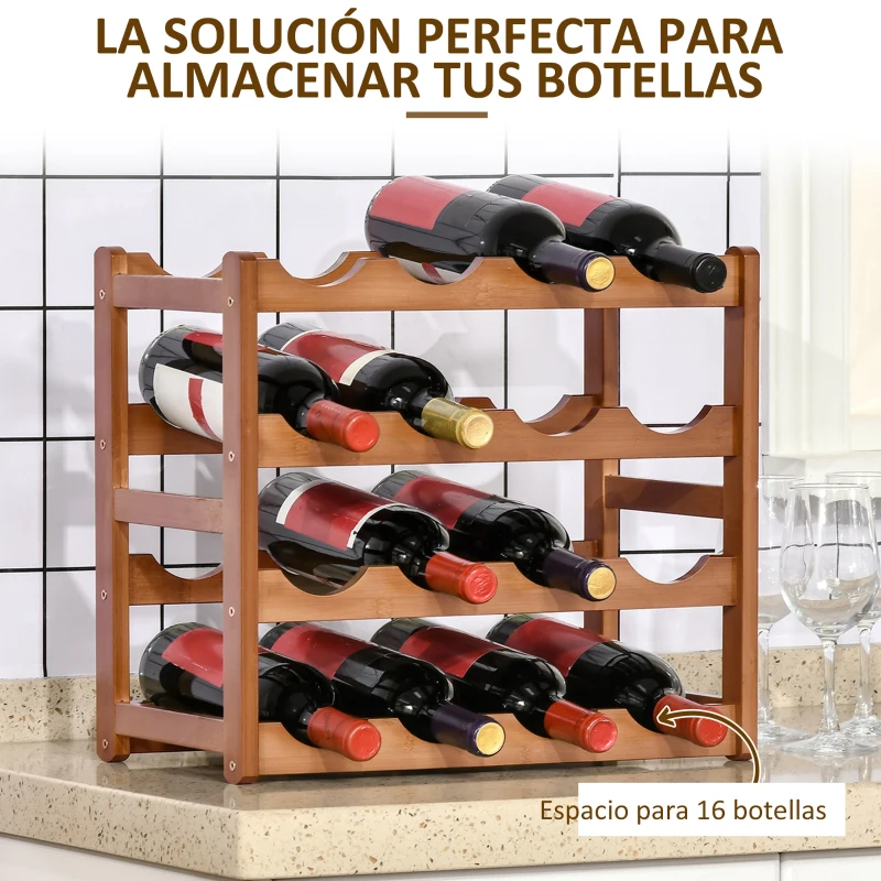 HOMCOM Botellero de Madera Bambú de 4 Niveles para 16 Botellas de Vino Carga  Máxima 75 kg 43x23,5x38 cm Marrón