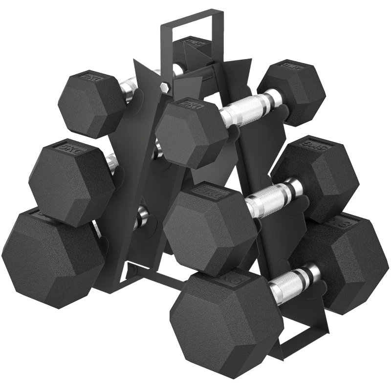 SPORTNOW Conjunto de Halteres 6 Peças 2 x 2 kg 2 x 5 kg 2 x 8 kg com Revestimento em Borracha Antideslizante e Suporte Preto