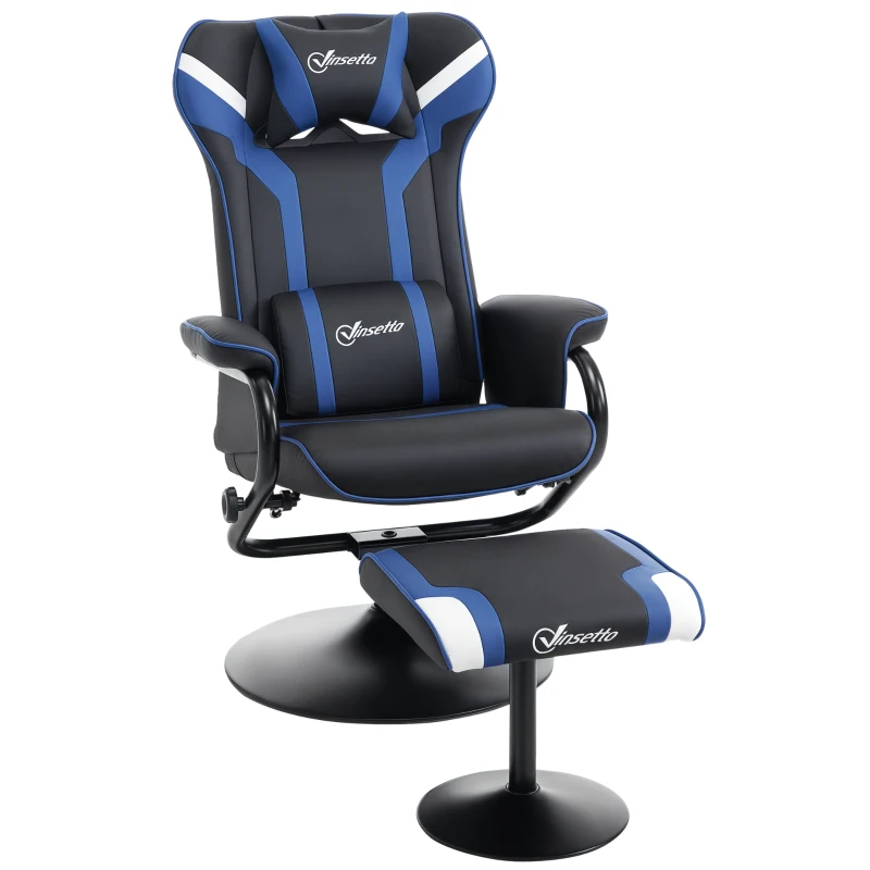 Vinsetto Set 2 Pezzi Poltrona Gaming Reclinabile Inclinabile a 130° con Sgabello Poggiapiedi, Nero e Blu Scuro