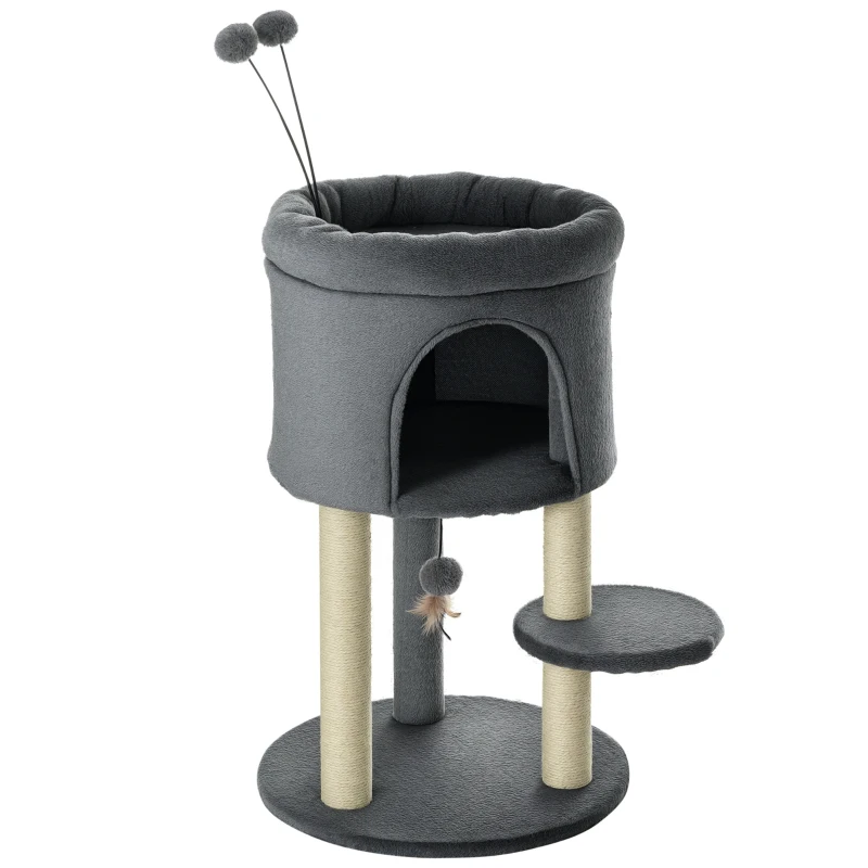 PawHut Arbre à chat avec griffoir centre d'activités avec niche hauteur 73,5 cm jeu pompons suspendu - sisal et peluche grise