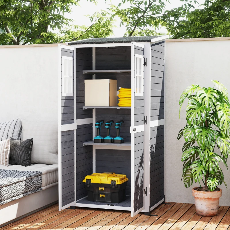 Outsunny Abri de Rangement de Jardin, Cabane à Outils avec 2 Fenêtres, Piquets de Sol, Toit en Asphalte, 91 x 69 x 192 cm, Bois de Sapin, Gris clair
