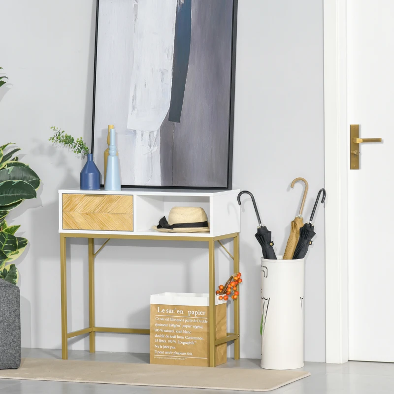 HOMCOM Table Console en Bois, Console d'Entrée ou Salon avec Design Moderne, Blanc et Or, 80x30x80.5cm