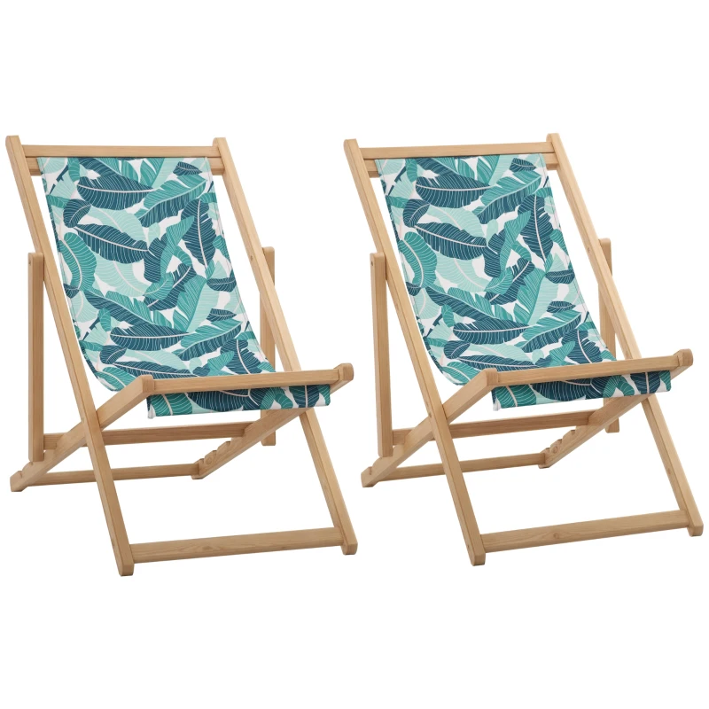 Outsunny Set 2 Sdraio da Giardino Pieghevoli in Legno con Schienale Reclinabile a 4 Livelli, Fantasia Tropicale