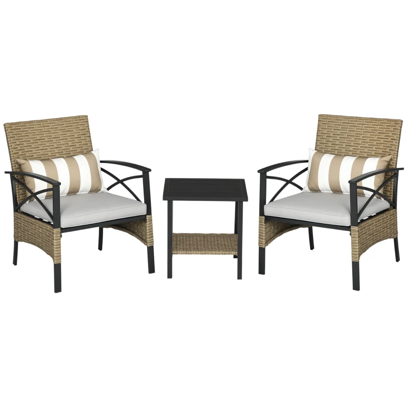 Outsunny Conjunto de Poltronas e Mesa de Centro de Vime com Almofadas Acolchoadas e Estrutura de Aço 46x46x48cm e 59x71x80cm Marrom Claro