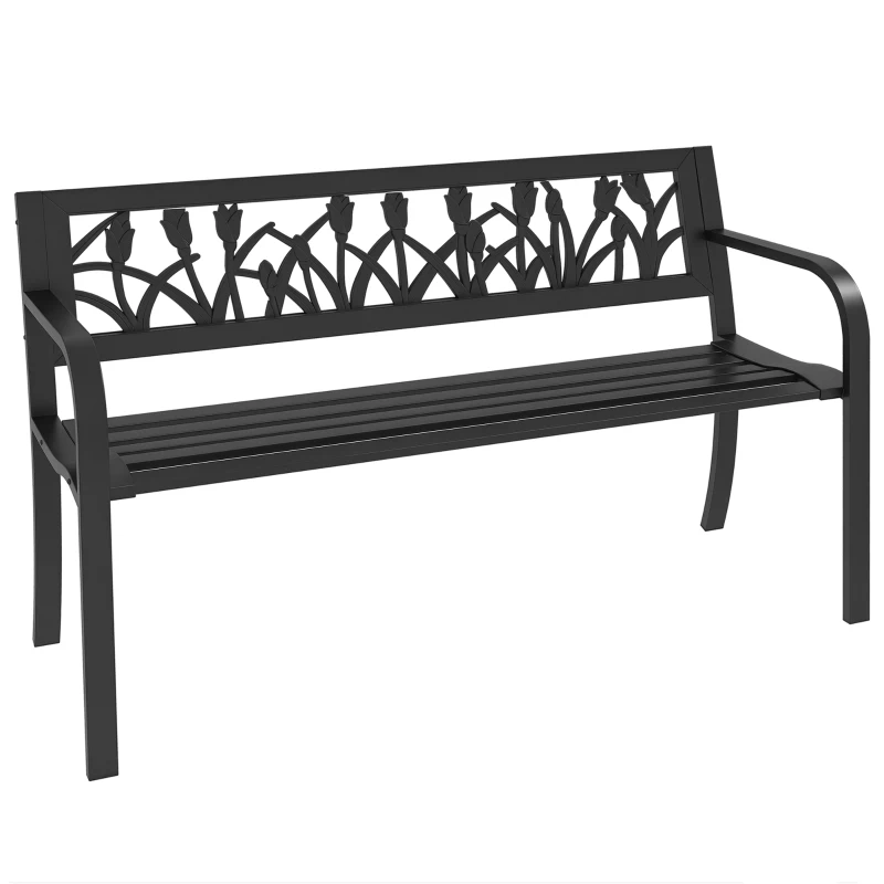 Outsunny Banc de Jardin à 2 Places en Acier avec Dossier Ornée et Accoudoirs, 125x50x75 cm, Noir