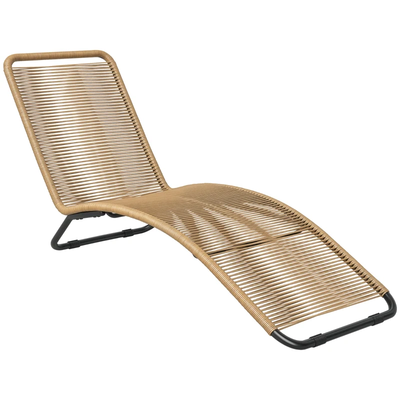 Outsunny Lettino Sdraio da Giardino a S in Rattan PE e Acciaio con Seduta Traspirante, 176x58x82 cm, Nero e color Legno