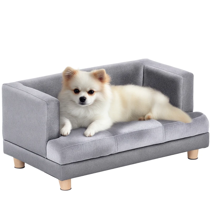 PawHut Canapé chien lit pour petits animaux chien chat avec accoudoirs coussin moelleux pieds bois massif dim. 68 x 41 x 32 cm revêtement synthétique gris